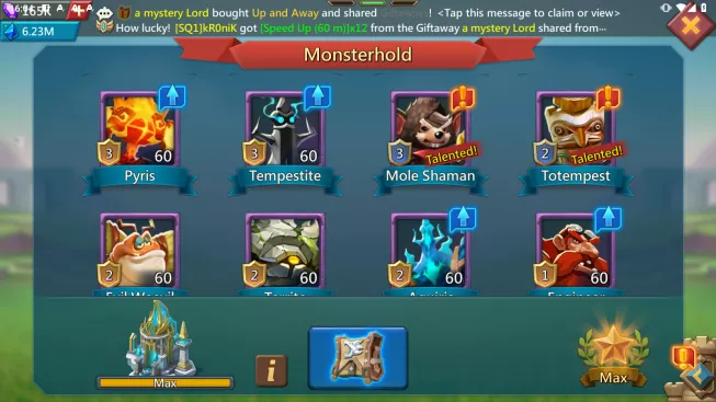 Trap Account 1,2B Mights- 163K Gems – 1 Caslte Skin 2 ★ – 401M Research- P2P Pets Level 42 – 45M Troop – 3 Migrations Scroll – Kingdom 961